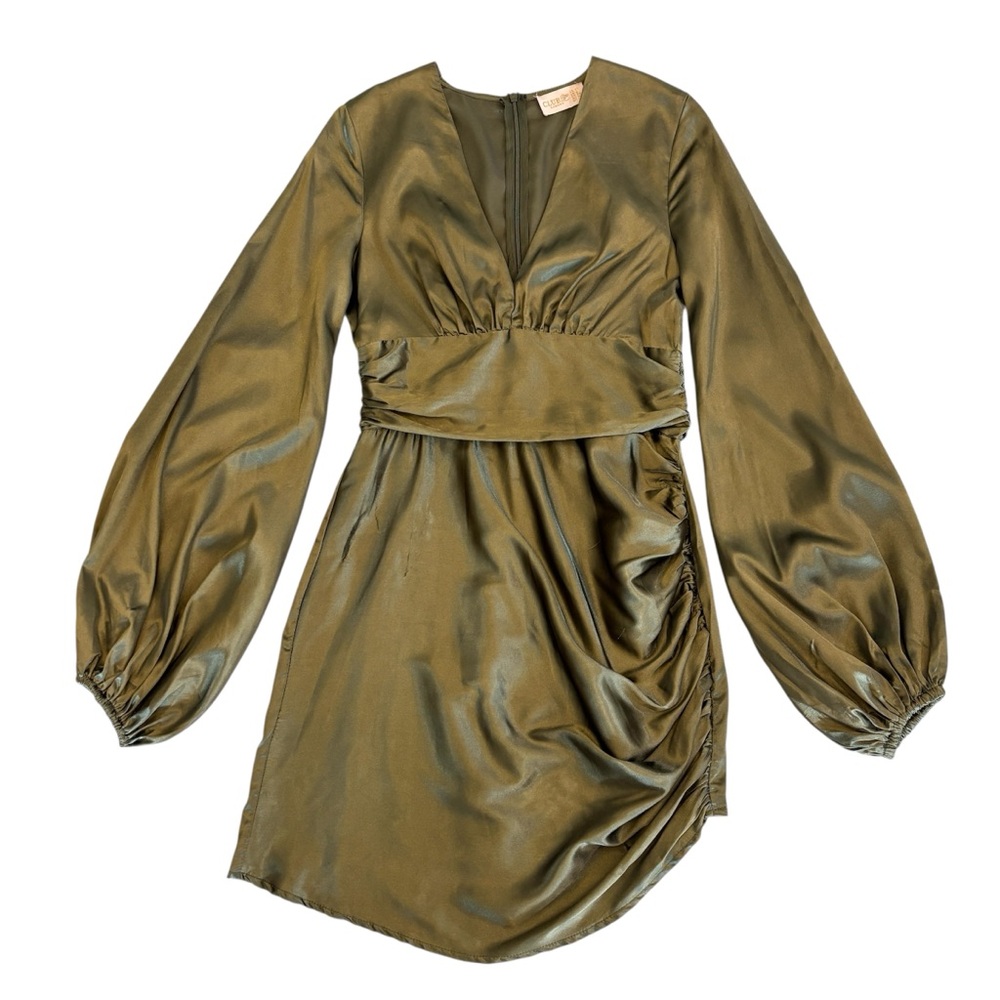 Satin Dress Club London ruched asymmetric mini 6 empire seam balloon sleeves new